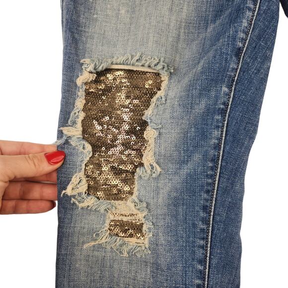 True Religion Jeans Womens 28 Vintage Y2k Gold Sequin Sparkly Casey Faded Skinny - Picture 4 of 12